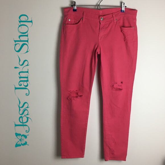 7 For All Mankind Jeans The Slim Cigarette Distressed Peony Pink - Picture 1 of 12